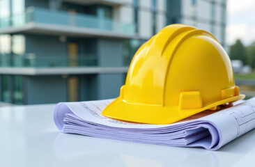 Yellow construction helmet resting on blueprints in modern urban setting