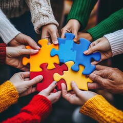 Group of people solving colorful jigsaw puzzle together overhead shot teamwork partnership collaboration unity connection success