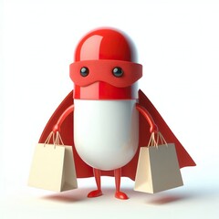 Naklejka premium Cute character 3D image of a pill superhero wearing a red mask and red cloak holding shopping bags on a white background