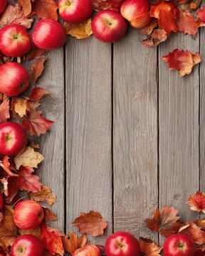 Autumn apples and leaves border on wooden background overhead flat lay for fall season harvest or thanksgiving