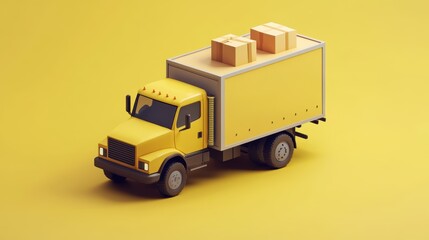 Yellow Delivery Truck with Boxes on Top Isometric View on Yellow Background Transportation Concept