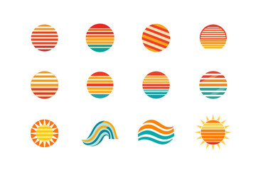 Collection of retro sunset and sun designs in various styles and vibrant colors