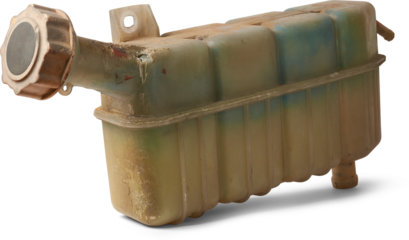 dirty unusable automotive coolant overflow tank with a hole on top isolated white background, damaged and discarded part of vehicle cooling system, neglect or failure in vehicle maintenance concept