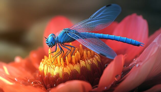 Electric blue dragonfly perched on a vibrant flower ultra-fine wing structure micro-droplet detail on body - Powered by Adobe