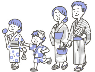 浴衣を着て歩く家族のイラスト
