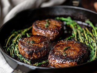 Fototapeta premium Three Filet Mignon Steaks Sizzling in Cast Iron Pan with Thyme Sprigs Close Up Food Still Life