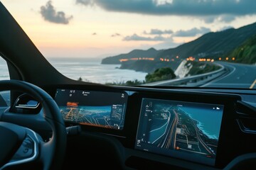 EV moving along coastal highway, GPS interface floating in AR style