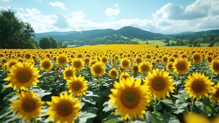 Vast sunflower field under a bright, sunny sky, rolling hills in the background