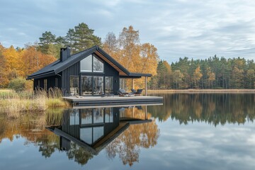 Fototapeta premium Modern house by the lake reflecting in water with autumn trees