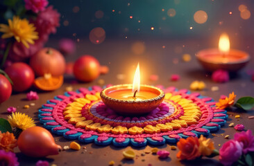 Colorful diwali rangoli with lit diya surrounded by flowers and festive decor