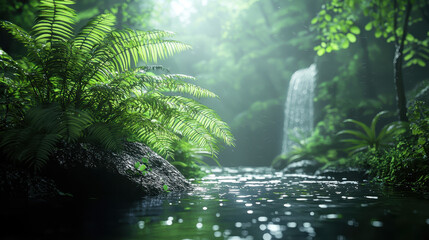 A lush, realistic 4K journey through 3D foliage with a side view showcasing a tranquil waterfall and vibrant green ferns in a sunlit background environment.
