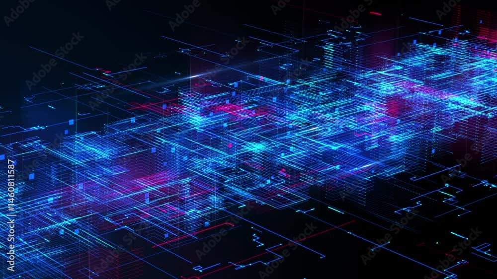 Poster High-tech abstract network background with glowing blue and red data lines and grid structures, ideal for digital communication, AI, and big data visualizations. Technology digital background