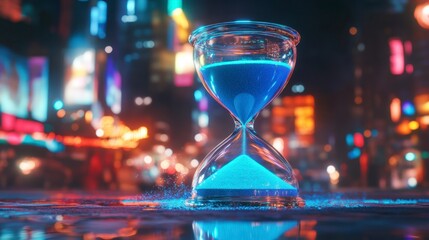 Shimmering Hourglass with Blue Sand Against a Vibrant Cityscape