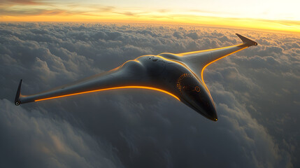 Sleek aircraft soars above cloudscape at sunset