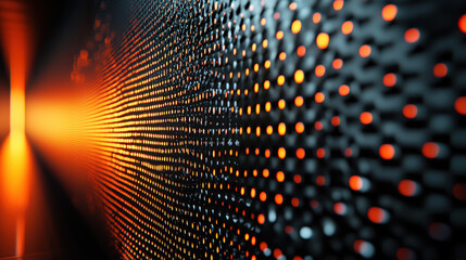 Realistic 4K 3D background with rhythmic frequency representation creates a dynamic visual spectacle featu striking orange highlights and subtle shadows.