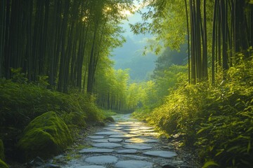 Fototapeta premium Path through green bamboo forest with sunlight filtering in