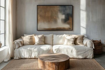 Fototapeta premium Modern beige living room with cozy furniture and large wall art