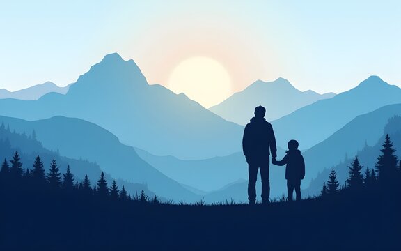 Happy father day with Silhouette son and his father at Mountain peaks in blue tone vector design. High quality