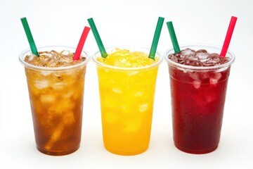 Three refreshing iced drinks in clear plastic cups with colorful straws studio shot on white background