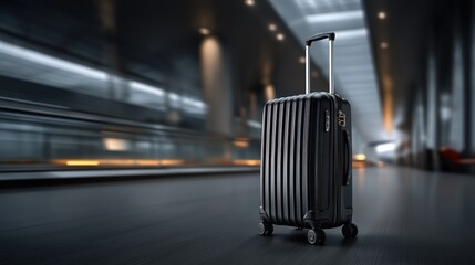 Black travel suitcase in airport setting with motion blur, concept of business travel, dynamic and best-seller theme.