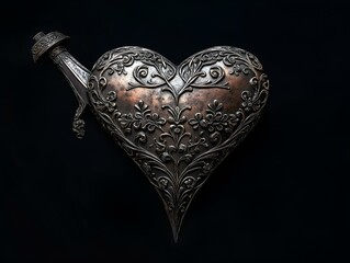 ornate heart shaped dagger, silver and gold inlay, dark background, intricate details, antique weapon