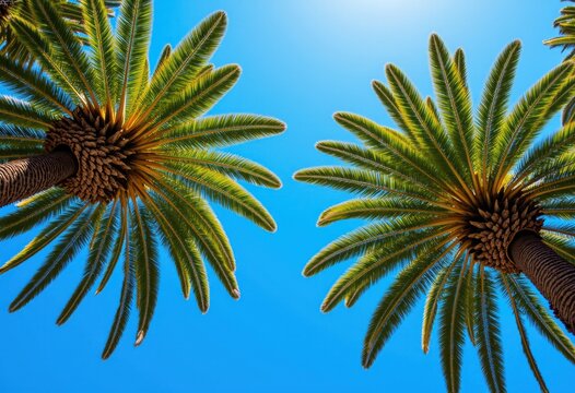 Lush palm trees against a clear blue sky, creating a tropical paradise vibe