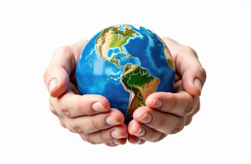 Hands cradling earth globe with focus on americas and environmental conservation