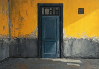 Blue Door Against Vibrant Yellow Wall with Shadow Play in Room