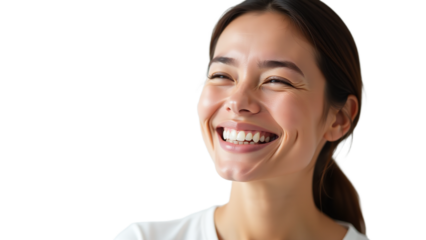 Confident young female Asian doctor smiling brightly, White background studio portrait composition, Professional symbol of trust and care, Modern image for health and education use