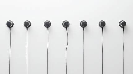  A minimalist arrangement of headphones each with a dark gray earcup and cord aligned on a light gray background