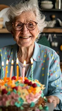 A happy senior woman with a big smile on her face celebrates a special occasion in her kitchen. She is holding a colorful birthday cake with lit candles, creating a joyful and festive atmosphere.