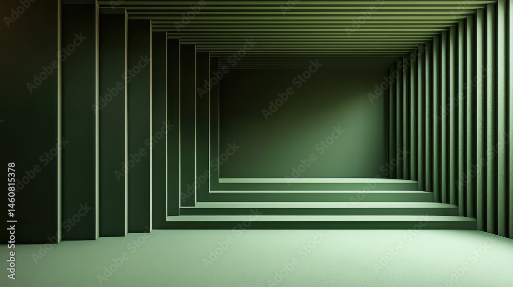 Poster a realistic 4k 3d background in green tones featu a side angle view of repeating structural elements