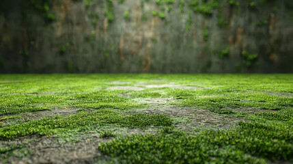 Obraz premium A realistic 4K side angle view presents a lush green 3D background with visuals of moss-covered terrain and a weathered wall, exhibiting incredible detail and depth.
