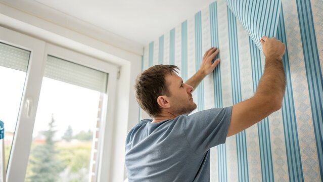 A man installing wallpaper on a wall next to big window. Concept of parenting, move in, temporary wallpaper, home renovate