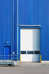 Industrial Blue Building Facade with Loading Dock Door and Entrance Doorway in Daytime Exterior Shot
