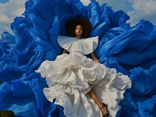 woman in white dress blue flowers field outdoor setting sunlight relaxed pose