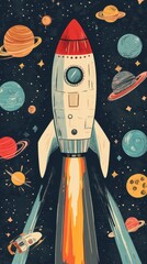 Fototapeta premium Retro Rocket Launching Through Space with Planets and Stars Cartoon Illustration Vertical