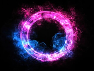 Abstract glowing circle with pink and blue energy on black background studio shot for futuristic design concept