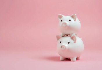 International Friendship Day, Front stack two small white fat piggy bank, studio shot isolated on pink background. 3d rendering.