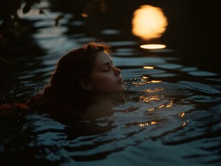 night scene full moon dark water woman swimming atmospheric mood