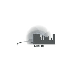 Ireland, Dublin cityscape skyline, panoramic vector flat logo, icon. Leinster province city emblem concept with landmarks and building silhouettes at sunset, sunrise