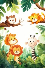 Obraz premium Watercolor Jungle Animals Illustration featuring Monkey Lion Giraffe in Lush Greenery for Children's Book or Nursery Art