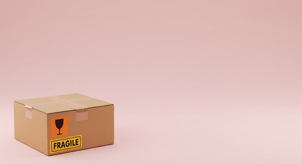 Obraz premium A cardboard shipping box with a fragile label sits on a light pink background, ready for shipment.