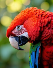 Fototapeta premium Vibrant red parrot with striking feathers and a curious expression
