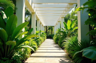 Sunny walkway with lush greenery and modern pergola design in a peaceful garden