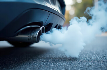 Car exhaust emissions from tailpipe on asphalt road