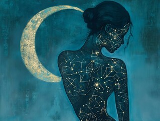 woman silhouette crescent moon dark background starry night cosmic art