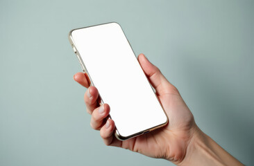 Hand holding blank smartphone with white screen on light background