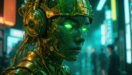  Neon Gold AI Warrior in Future City