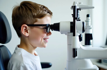 Young caucasian boy undergoing eye exam with ophthalmology equipment